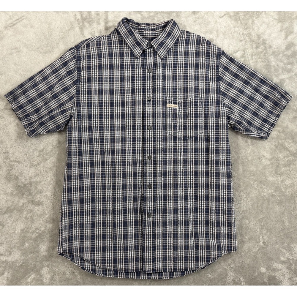 Calvin Klein Seersucker Shirt Mens M Blue Plaid‎ Comfort Breathable Dad Grandpa